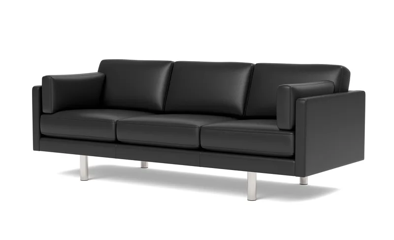 EJ220 Sofa, 3 seater, 212 cm von Fredericia in Leather Omni 301, Black, Brushed chrome, round legs – Produktfoto 1 von 4