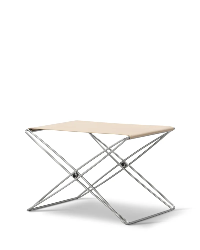 JG Folding Stool by Fredericia in Leather Vegeta, Natural, Brushed stainless steel – product photo 1 of 4