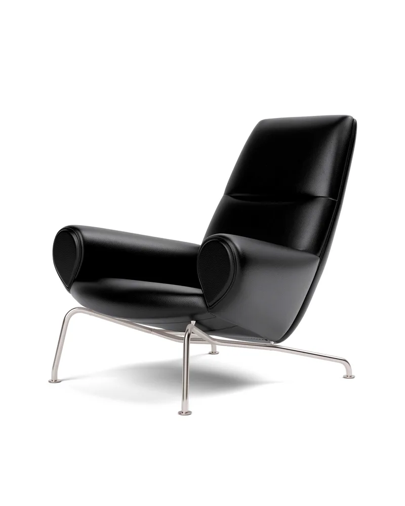 Wegner Queen Chair van Fredericia in Leather Primo 88, Black, Piping as upholstery, Brushed stainless steel – productfoto 1 van 5