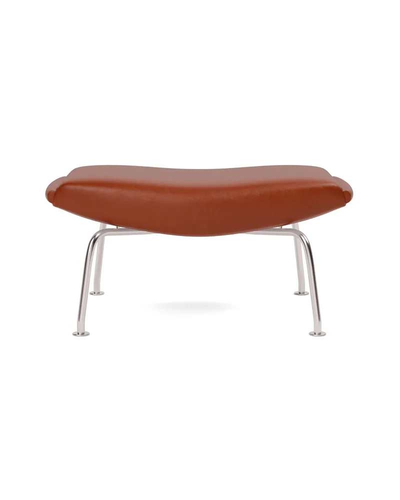 Wegner Ox Ottoman van Fredericia in Leather Cera 905, Russet brown, Brushed stainless steel – productfoto