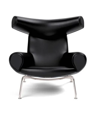 Wegner Ox Chair van Fredericia in Leather Primo 88, Black, Piping as upholstery, Brushed stainless steel – productfoto 5 van 5