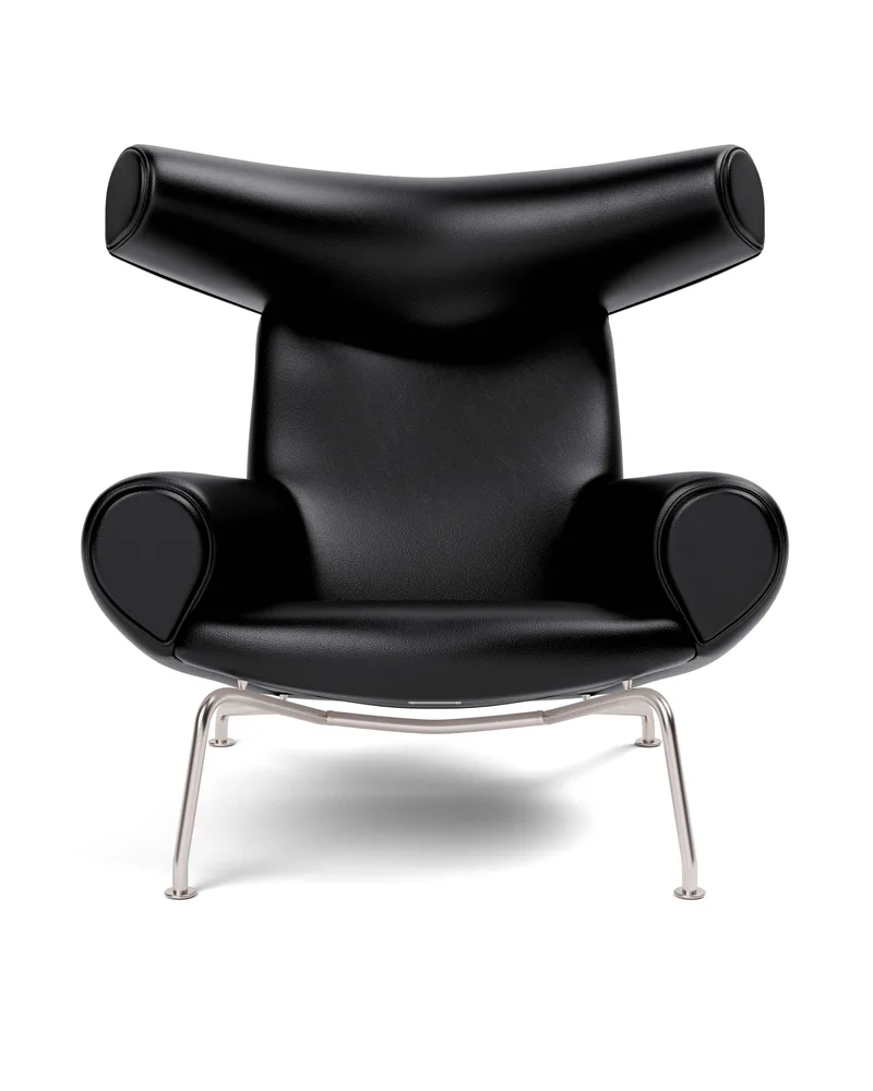 Wegner Ox Chair van Fredericia in Leather Primo 88, Black, Piping as upholstery, Brushed stainless steel – productfoto 5 van 5