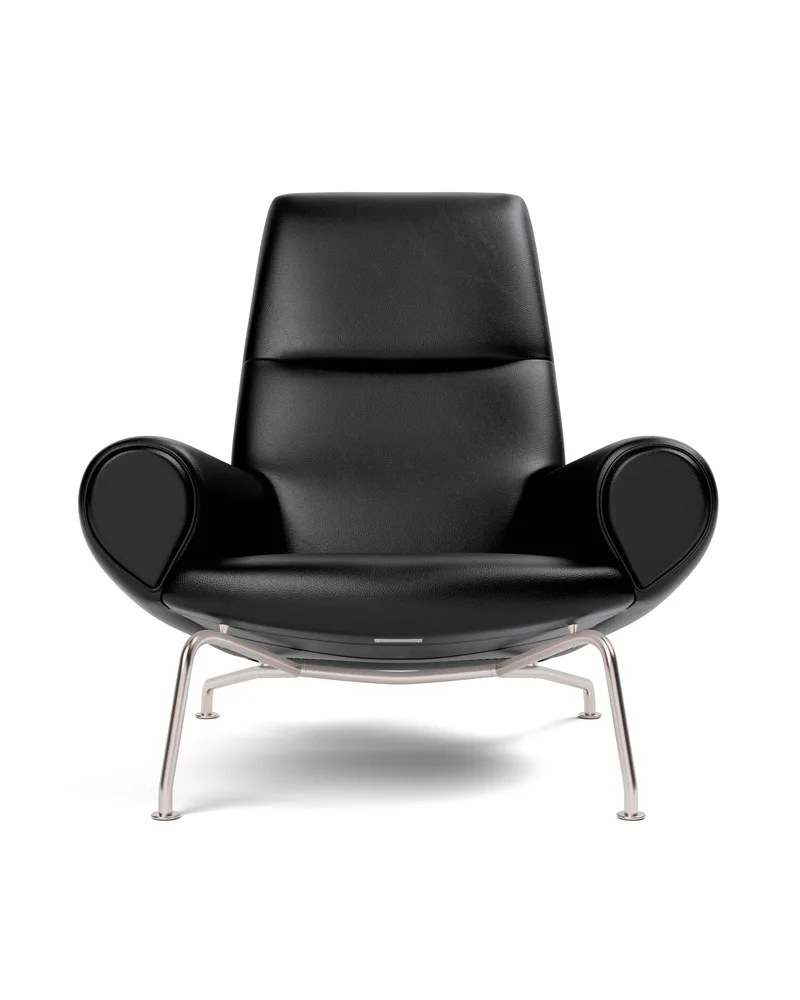 Wegner Queen Chair van Fredericia in Leather Primo 88, Black, Piping as upholstery, Brushed stainless steel – productfoto 5 van 5
