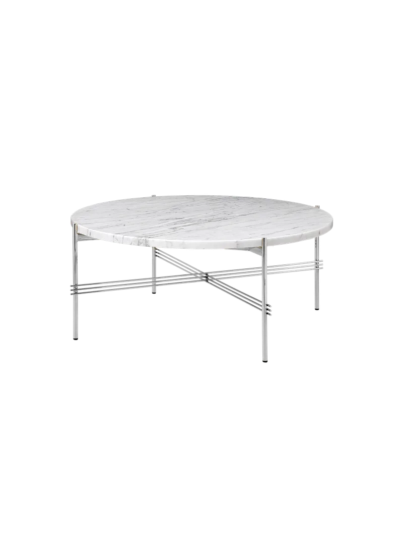 TS Coffee Table, Round van GUBI in White Carrara Marble, Polished Steel, Ø80 cm – productfoto