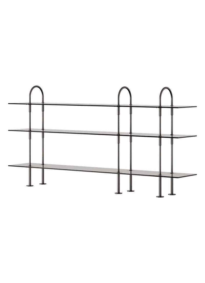 Keen Shelving System by GUBI in 208 cm, 105 cm – 3 Shelves, Smoked Tempered Glass, Black Brass – product photo