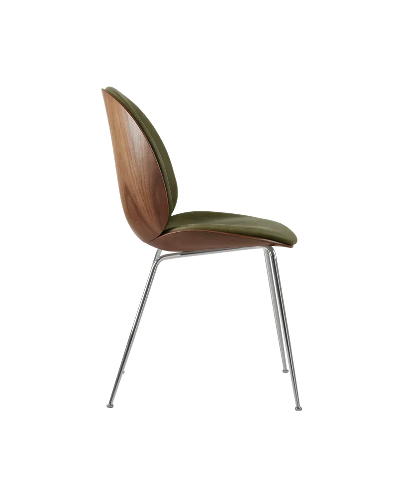 Beetle Dining Chair, 3D Veneer & Front Upholstered by GUBI in Soft Leather, GUBI (Army, Standard), Chrome, American Walnut Semi Matt Lacquered, EU – product photo 1 of 3