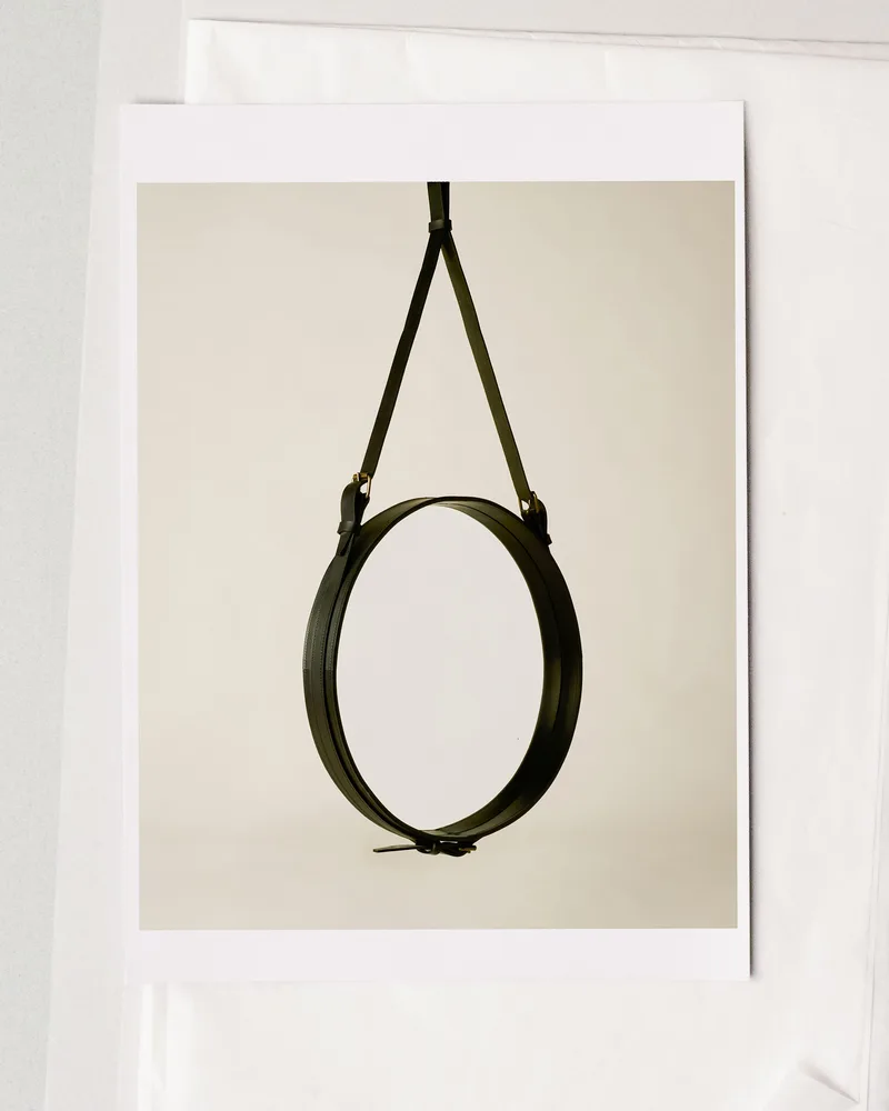 Adnet Wall Mirror, Circular by GUBI in Black Leather, Ø70 cm – product photo 6 of 7