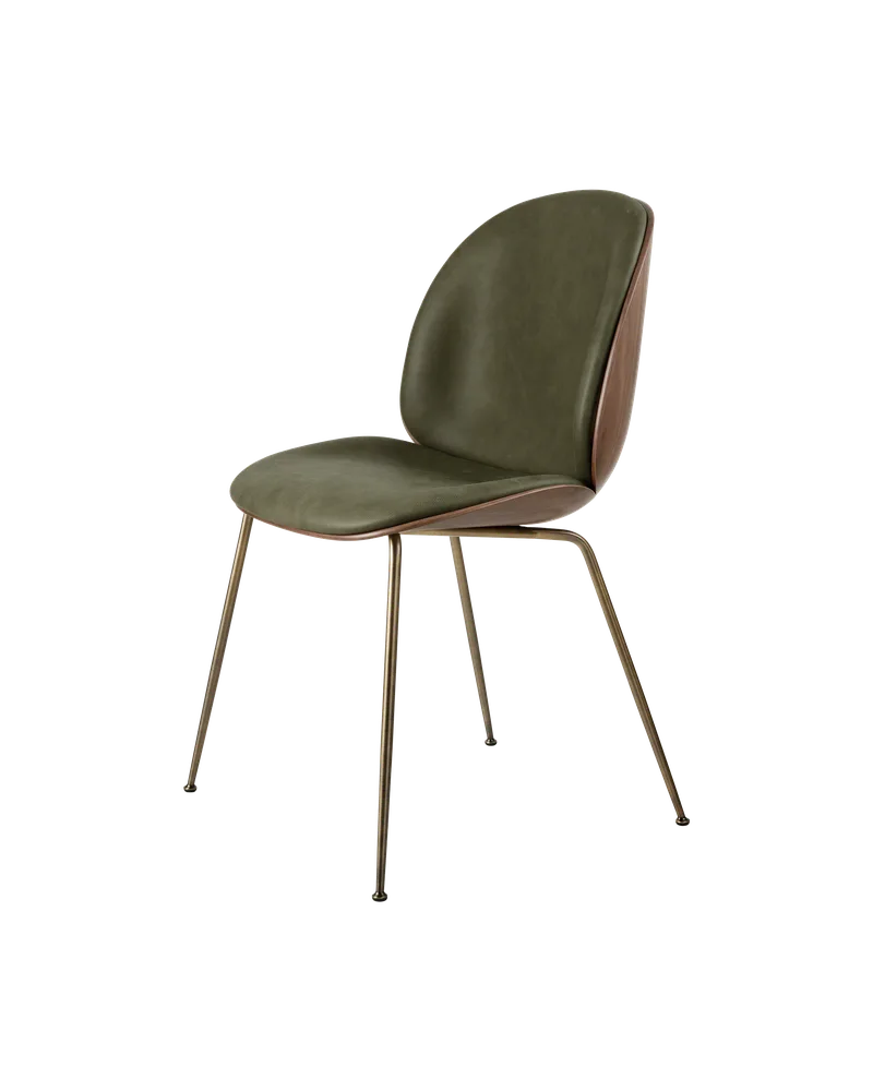 Beetle Dining Chair, 3D Veneer & Front Upholstered by GUBI in Soft Leather, GUBI (Army, Standard), Antique Brass, American Walnut Semi Matt Lacquered, GLOBAL – product photo 7 of 7