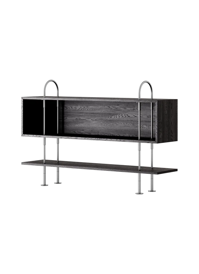 Keen Shelving System by GUBI in 160 cm, 105 cm – 1 Shelf & Box, Brown/Black Ash Veneer, Satin Stainless Steel – product photo
