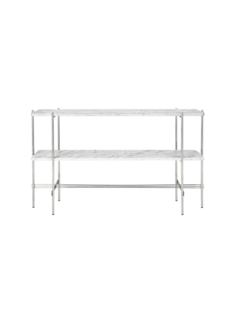 TS Console van GUBI in White Carrara Marble, Polished Steel, 120 × 30 × 72 cm – productfoto