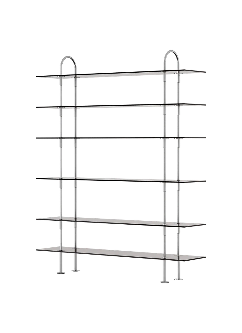 Keen Shelving System by GUBI in 160 cm, 198 cm – 6 Shelves, Smoked Tempered Glass, Satin Stainless Steel – product photo