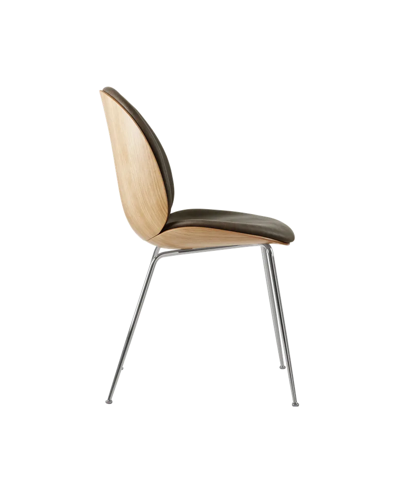 Beetle Dining Chair, 3D Veneer & Front Upholstered by GUBI in Soft Leather, GUBI (Gray, Standard), Chrome, Oak Semi Matt Lacquered, EU – product photo 1 of 3