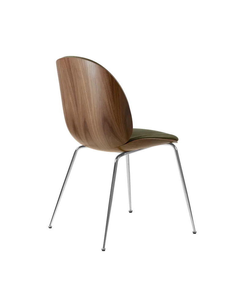 Beetle Dining Chair, 3D Veneer & Front Upholstered by GUBI in Soft Leather, GUBI (Army, Standard), Chrome, American Walnut Semi Matt Lacquered, EU – product photo 2 of 3