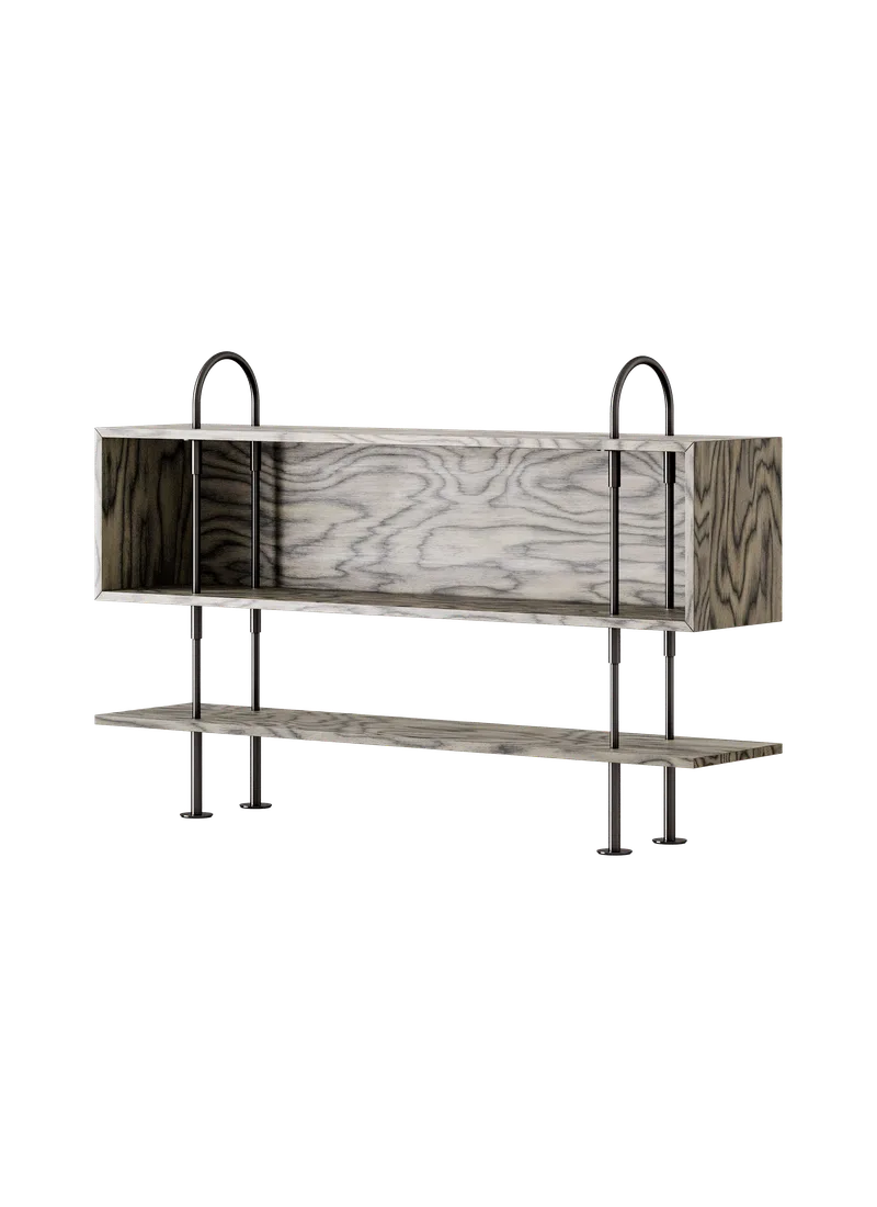 Keen Shelving System by GUBI in 160 cm, 105 cm – 1 Shelf & Box, ALPI Sottsass Gray, Black Brass – product photo