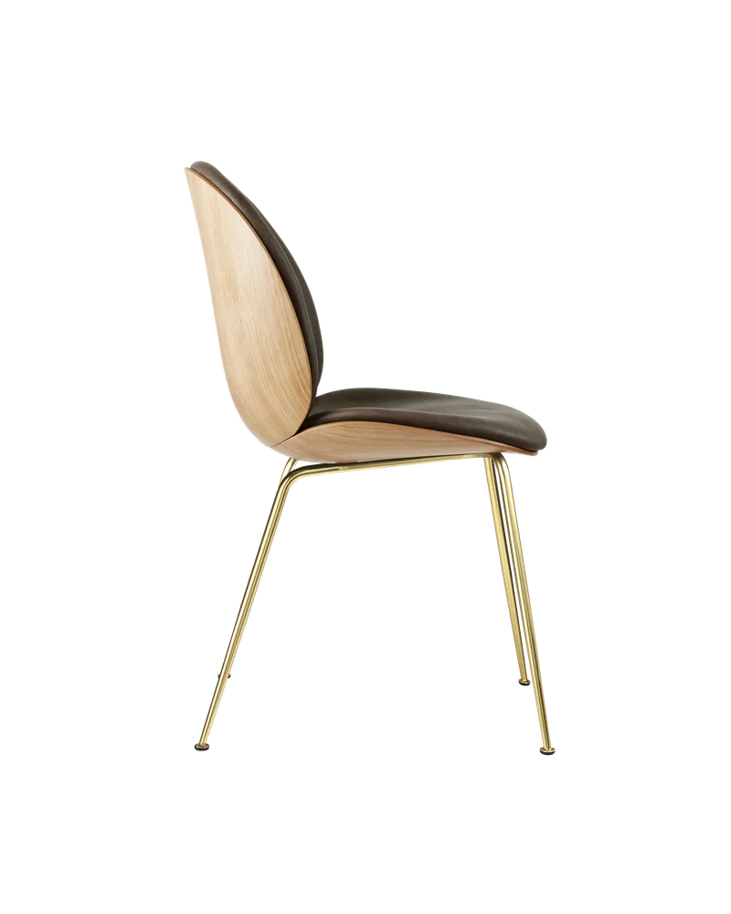 Beetle Dining Chair, 3D Veneer & Front Upholstered by GUBI in Soft Leather, GUBI (Gray, Standard), Brass Semi Matt, Oak Semi Matt Lacquered, EU – product photo 1 of 3