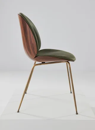 Beetle Dining Chair, 3D Veneer & Front Upholstered by GUBI in Soft Leather, GUBI (Army, Standard), Antique Brass, American Walnut Semi Matt Lacquered, GLOBAL – product photo 4 of 7