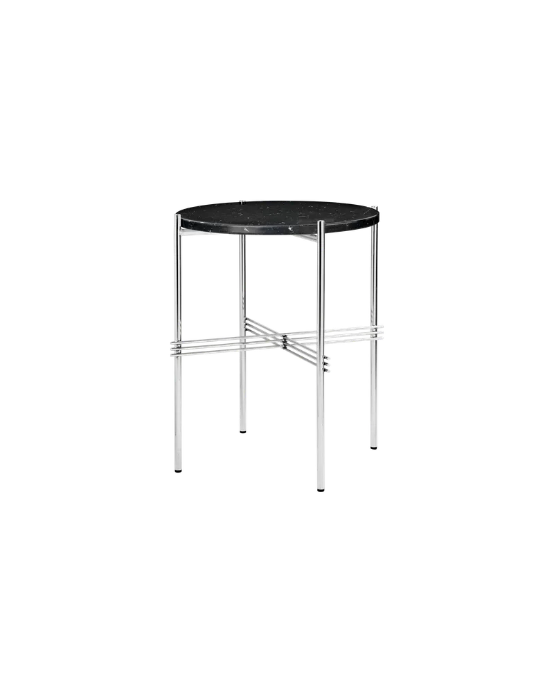 TS Side Table, Round van GUBI in Black Marquina Marble, Polished Steel – productfoto