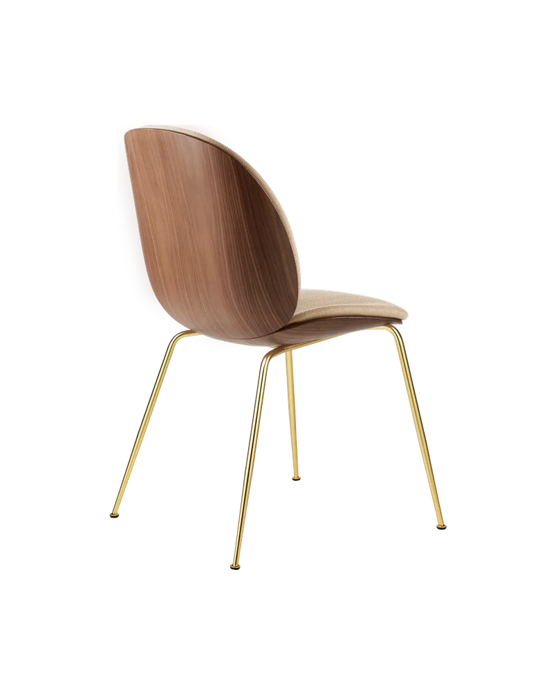 Beetle Dining Chair, 3D Veneer & Front Upholstered by GUBI in Flair Special FR, Dedar (134, Standard), Brass Semi Matt, American Walnut Semi Matt Lacquered, EU – product photo 2 of 3