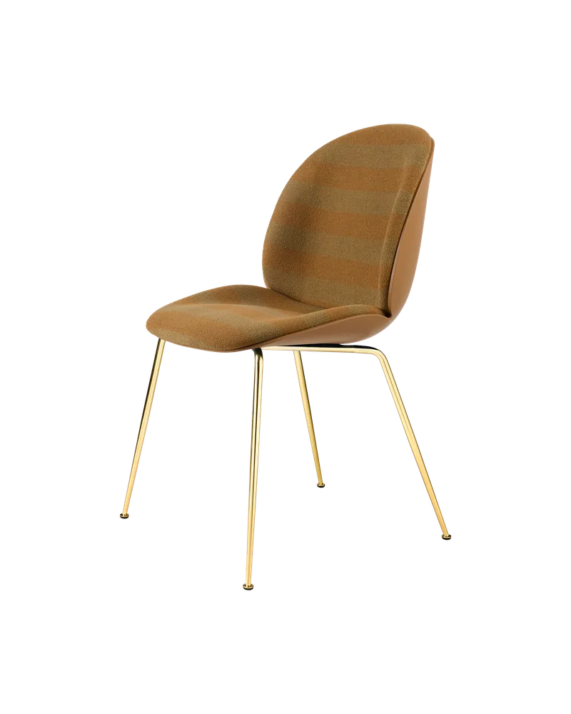Beetle Dining Chair, Front Upholstered van GUBI in Kvadrat Sahco, Acca Stripe 0331, Brass Semi Matt, Amber Brown – productfoto 5 van 5