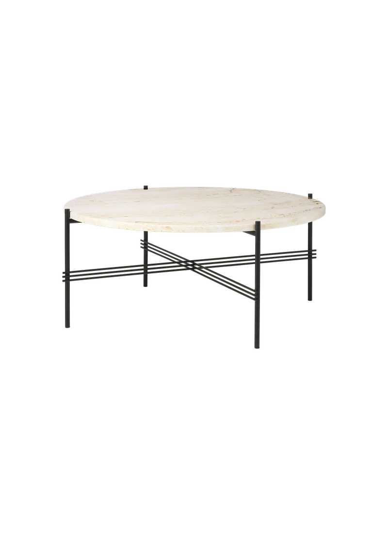 TS Coffee Table, Round van GUBI in Neutral White Travertine, Black base, Ø80 cm – productfoto