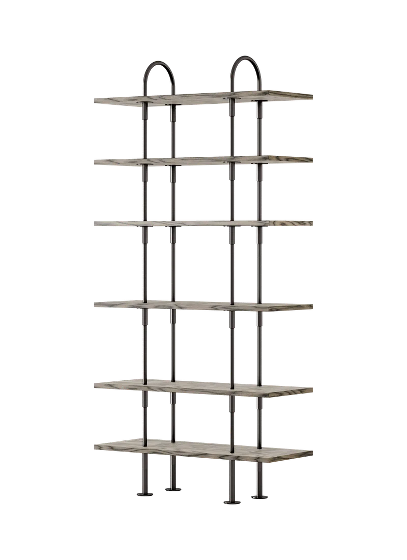 Keen Shelving System by GUBI in 96 cm, 198 cm – 6 Shelves, ALPI Sottsass Gray, Black Brass – product photo