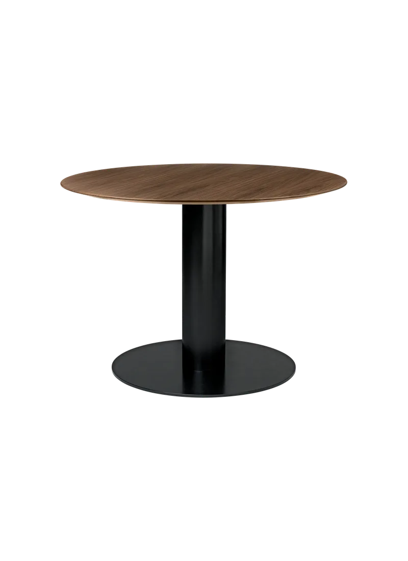 GUBI 2.0 Dining Table, Round by GUBI in American Walnut Semi Matt Lacquered, Ø110 cm, Black base – product photo