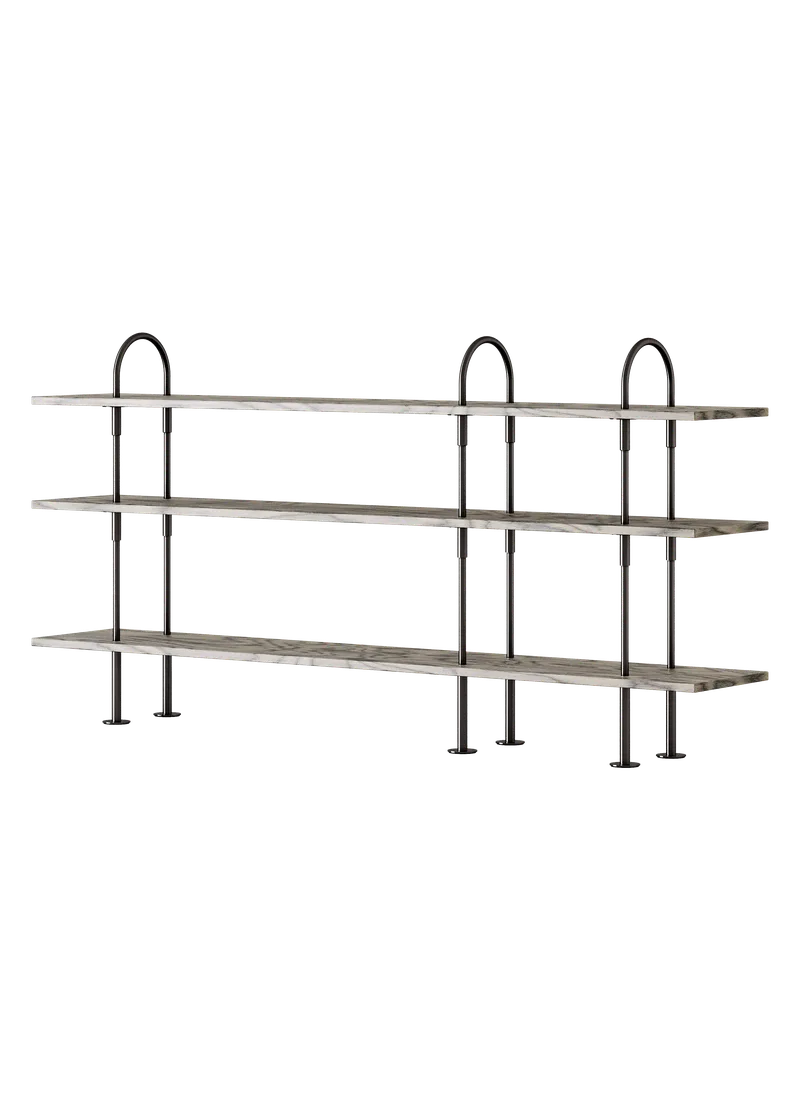 Keen Shelving System by GUBI in 208 cm, 105 cm – 3 Shelves, ALPI Sottsass Gray, Black Brass – product photo