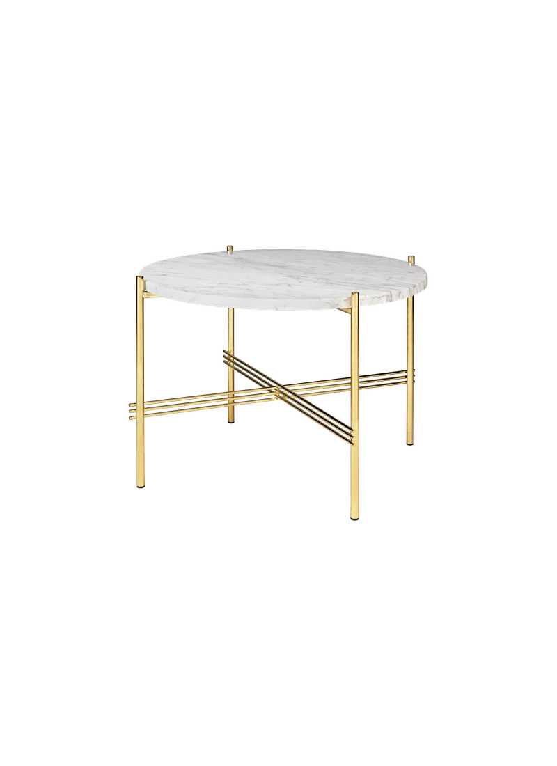 TS Coffee Table, Round van GUBI in White Carrara Marble, Brass base, Ø55 cm – productfoto
