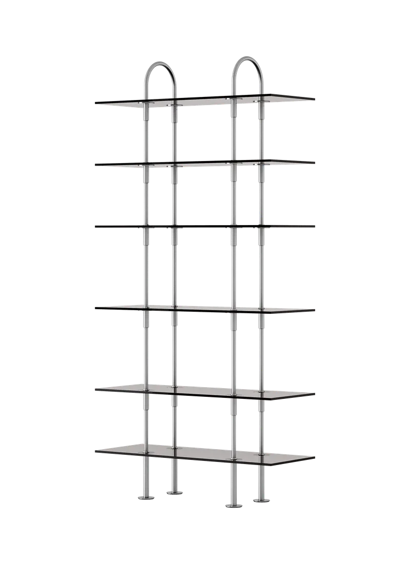 Keen Shelving System by GUBI in 96 cm, 198 cm – 6 Shelves, Smoked Tempered Glass, Satin Stainless Steel – product photo