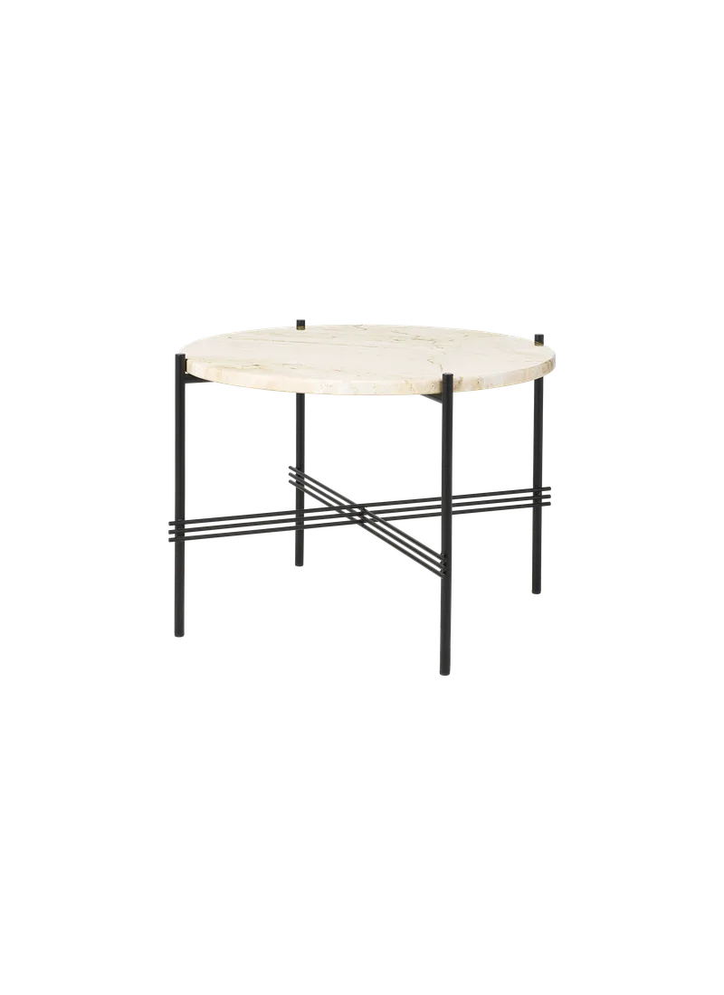 TS Coffee Table, Round van GUBI in Neutral White Travertine, Black base, Ø55 cm – productfoto