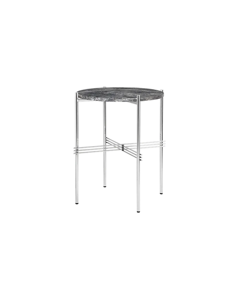 TS Side Table, Round van GUBI in Grey Emperador Marble, Polished Steel – productfoto