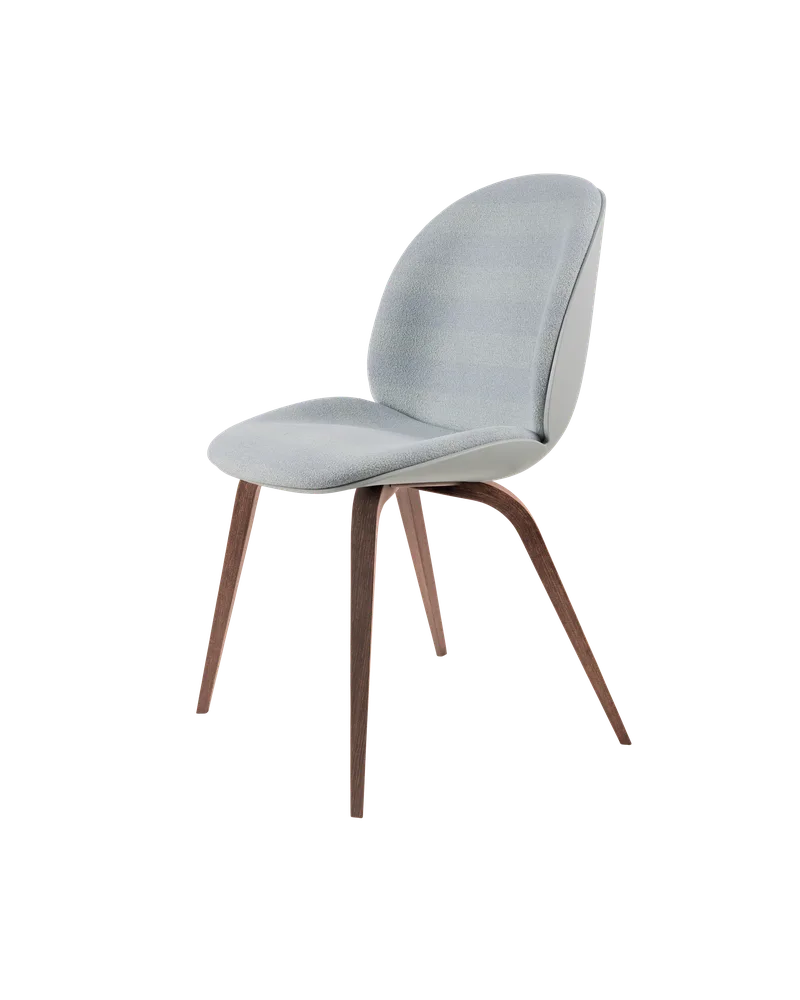 Beetle Dining Chair, Front Upholstered van GUBI in Kvadrat Sahco, Acca Stripe 0731, American Walnut, Lunar Gray – productfoto 5 van 5