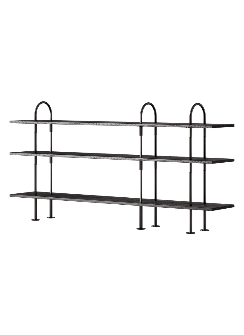 Keen Shelving System by GUBI in 208 cm, 105 cm – 3 Shelves, Brown/Black Ash Veneer, Black Brass – product photo