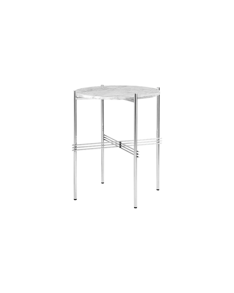TS Side Table, Round de GUBI en White Carrara Marble, Polished Steel – photo du produit