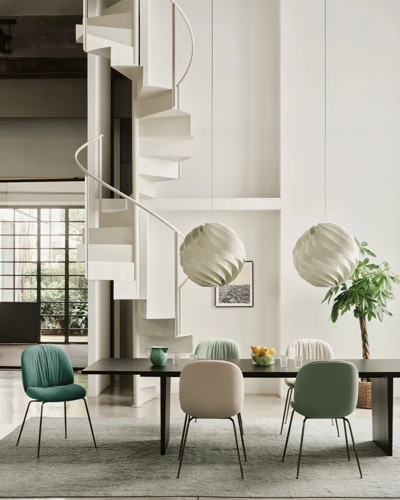 Beetle Soft Dining Chair, Fully Upholstered by GUBI in Reales, Limonta (001, Standard), Black Chrome – interior photo 3 of 6