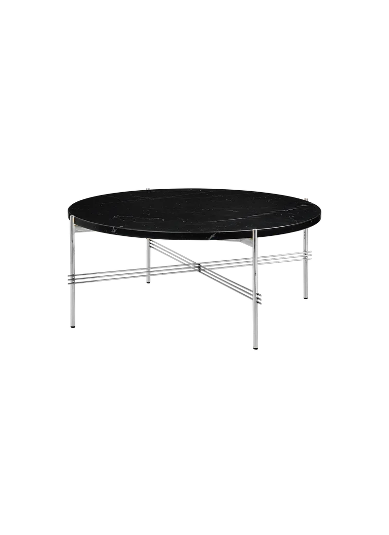TS Coffee Table, Round de GUBI en Black Marquina Marble, Polished Steel, Ø80 cm – photo du produit