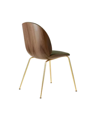 Beetle Dining Chair, 3D Veneer & Front Upholstered by GUBI in Soft Leather, GUBI (Army, Standard), Brass Semi Matt, American Walnut Semi Matt Lacquered, EU – product photo 2 of 3