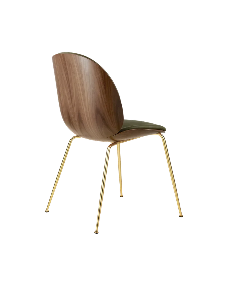 Beetle Dining Chair, 3D Veneer & Front Upholstered by GUBI in Soft Leather, GUBI (Army, Standard), Brass Semi Matt, American Walnut Semi Matt Lacquered, EU – product photo 2 of 3