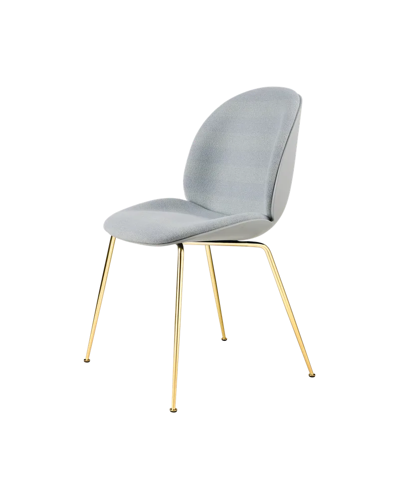 Beetle Dining Chair, Front Upholstered van GUBI in Kvadrat Sahco, Acca Stripe 0731, Brass Semi Matt, Lunar Gray – productfoto 5 van 5