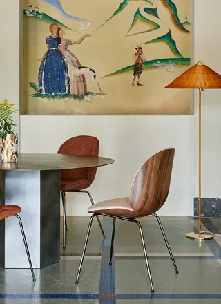 Beetle Dining Chair, 3D Veneer & Front Upholstered by GUBI in Flair Special FR, Dedar (134, Standard), Black Chrome, American Walnut Semi Matt Lacquered, GLOBAL – interior photo 5 of 8