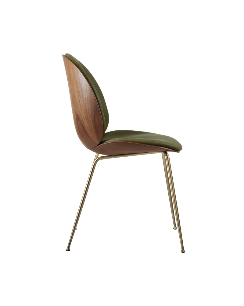 Beetle Dining Chair, 3D Veneer & Front Upholstered by GUBI in Soft Leather, GUBI (Army, Standard), Antique Brass, American Walnut Semi Matt Lacquered, GLOBAL – product photo 1 of 7