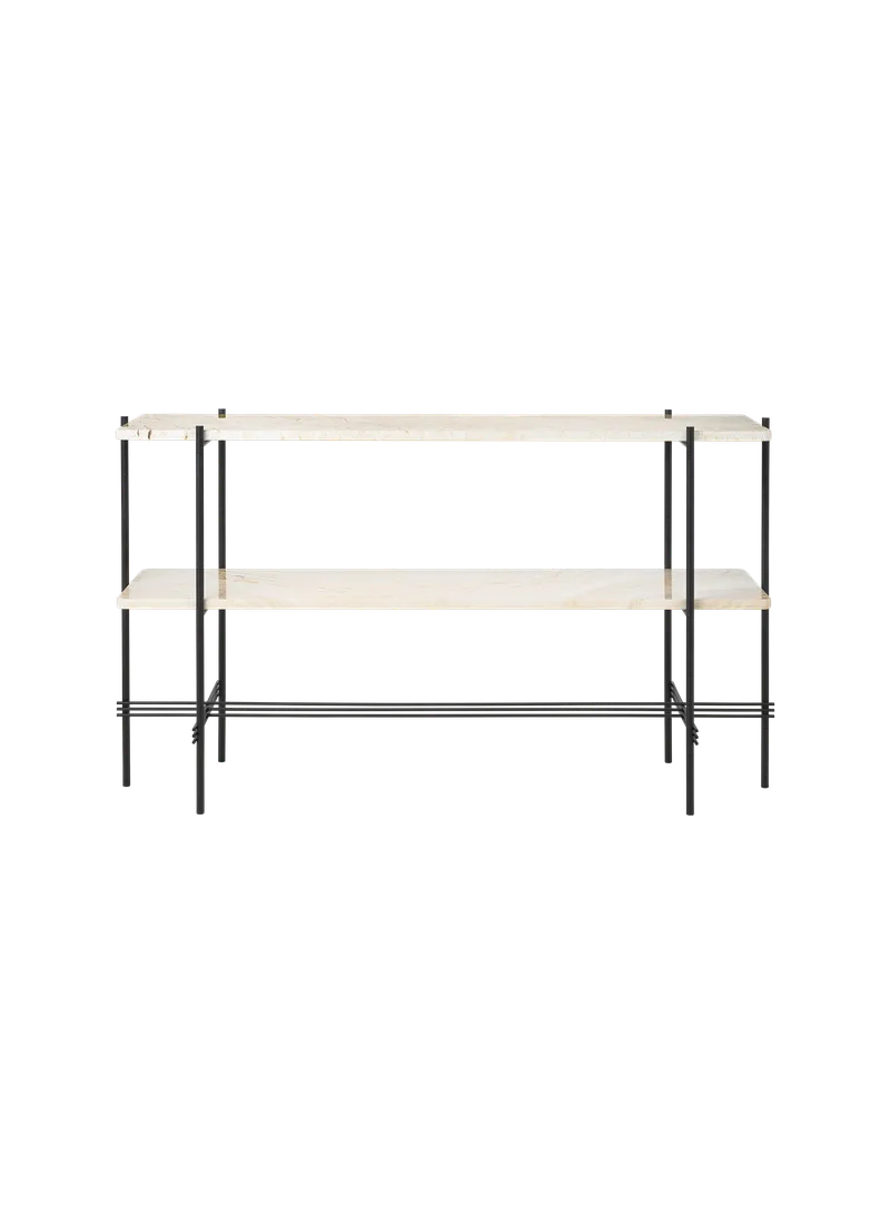 TS Console von GUBI in Neutral White Travertine, Black base, 120 × 30 × 72 cm – Produktfoto