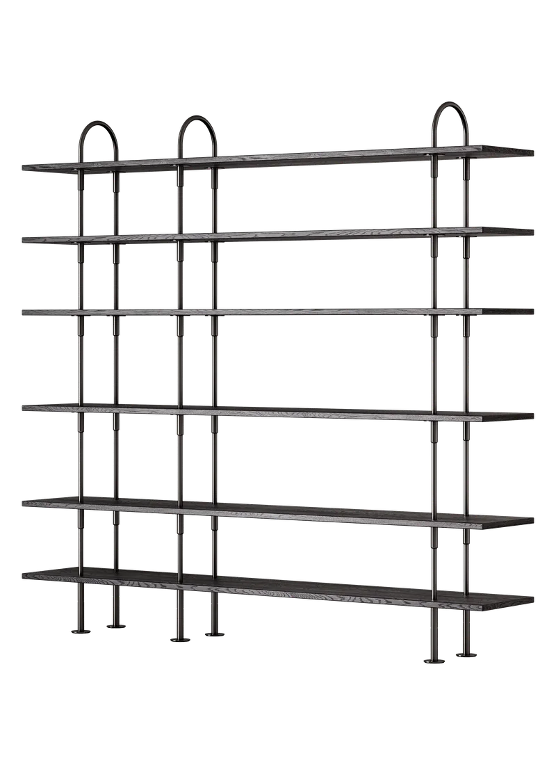 Keen Shelving System by GUBI in 208 cm, 198 cm – 6 Shelves, Brown/Black Ash Veneer, Black Brass – product photo