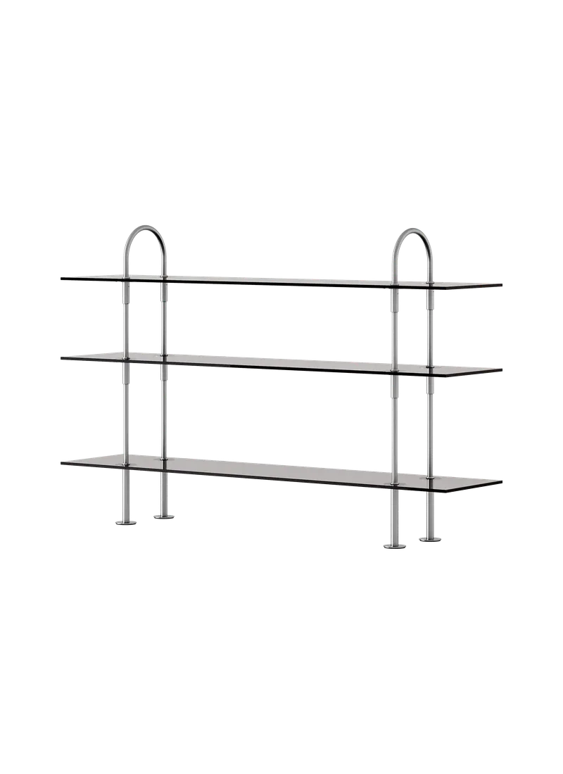Keen Shelving System by GUBI in 160 cm, 105 cm – 3 Shelves, Smoked Tempered Glass, Satin Stainless Steel – product photo
