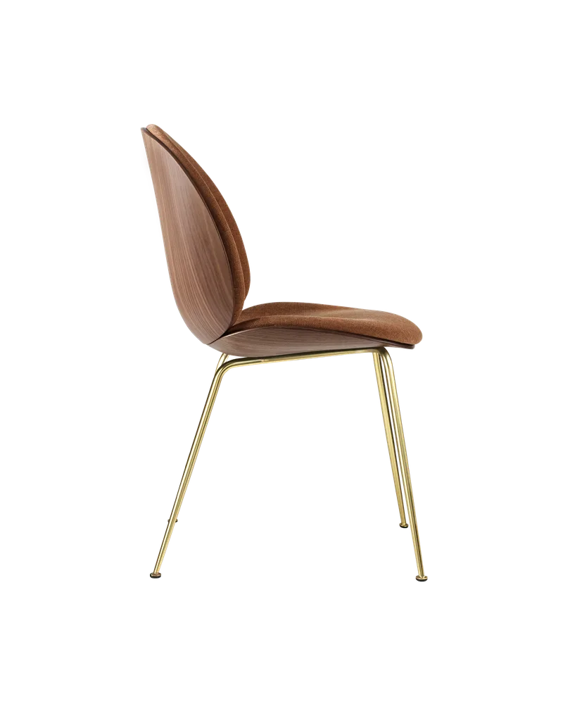 Beetle Dining Chair, 3D Veneer & Front Upholstered by GUBI in Belsuede Special FR, Dedar (132, Standard), Brass Semi Matt, American Walnut Semi Matt Lacquered, EU – product photo 2 of 3