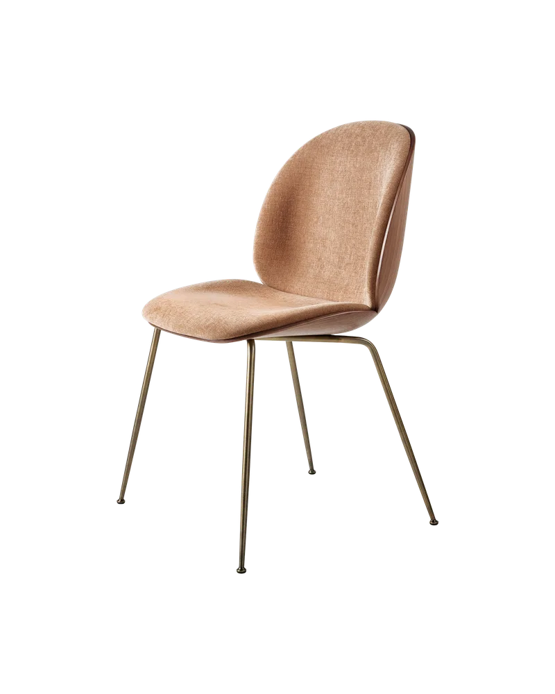 Beetle Dining Chair, 3D Veneer & Front Upholstered by GUBI in Belsuede Special FR, Dedar (132, Standard), Antique Brass, American Walnut Semi Matt Lacquered, GLOBAL – product photo 6 of 6