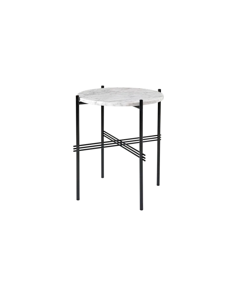 TS Side Table, Round by GUBI in White Carrara Marble, Black base – product photo