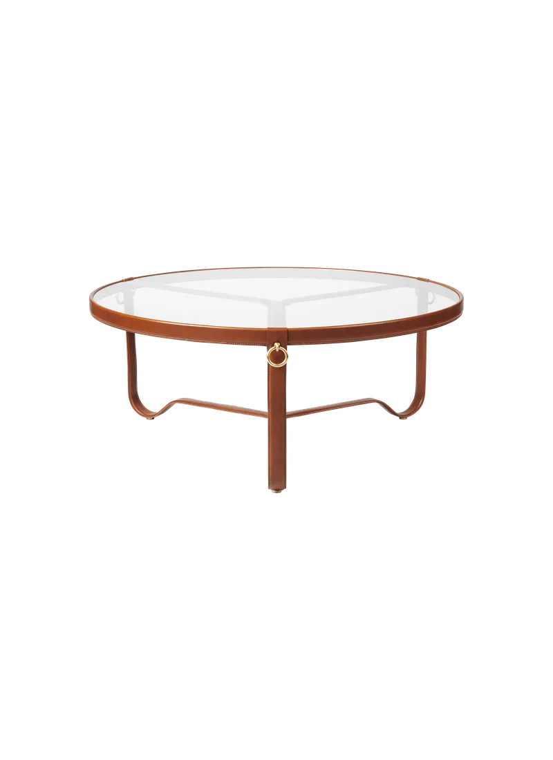Adnet Coffee Table, Circular by GUBI in Tan Leather, Glass, Ø100 cm – product photo 3 of 3