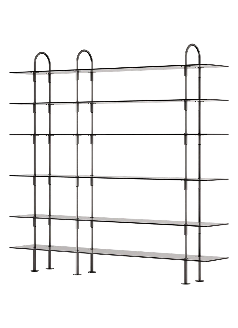 Keen Shelving System by GUBI in 208 cm, 198 cm – 6 Shelves, Smoked Tempered Glass, Black Brass – product photo