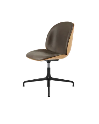 Beetle Meeting Chair, 3D Veneer & Front Upholstered by GUBI in Soft Leather, GUBI (Gray, Standard), Oak Semi Matt Lacquered, Height adjustable 4-star base, Matt Black – product photo 3 of 3